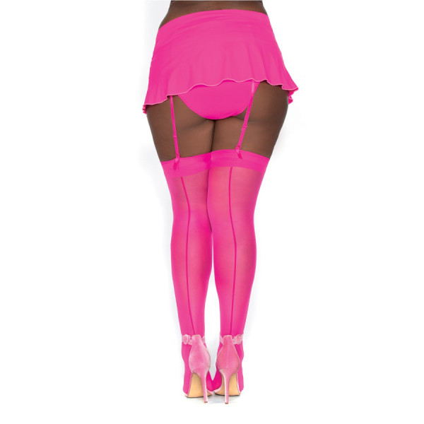 Bas nylon rose néon coutures grande taille pour jarretelles 